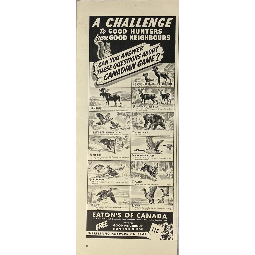 Eaton's of Canada "Free Good Neighbor Hunting Guide" Vintage Print Ad 1941